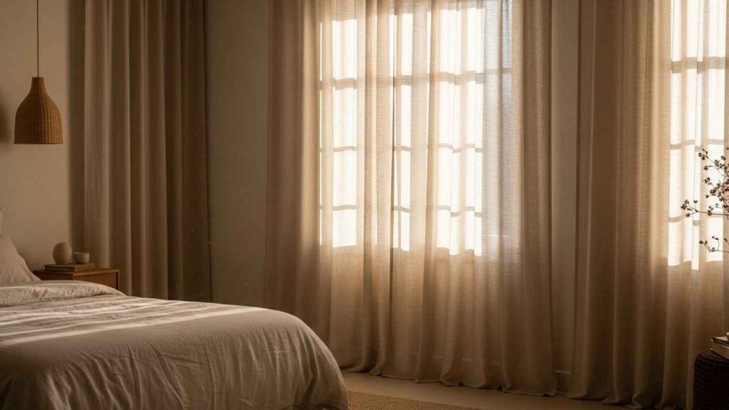 [Image Prompt: A wide shot of a bright, airy bedroom. Soft morning light filters through floor-length, off-white linen curtains. The textured fabric hangs in gentle folds. A simple bed with neutral bedding sits in the foreground. The overall mood is calm and serene.]