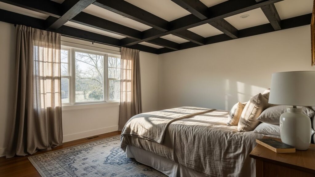 20 Cozy Bedroom Ideas with Dark Ceiling Beams That Add Structural Warmth