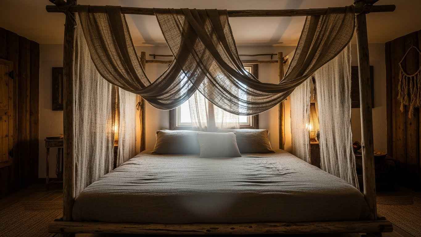 A Bed Canopy with Burlap Drapes