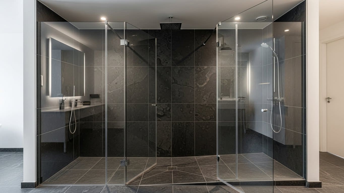 A Frameless Shower in Dark Stone