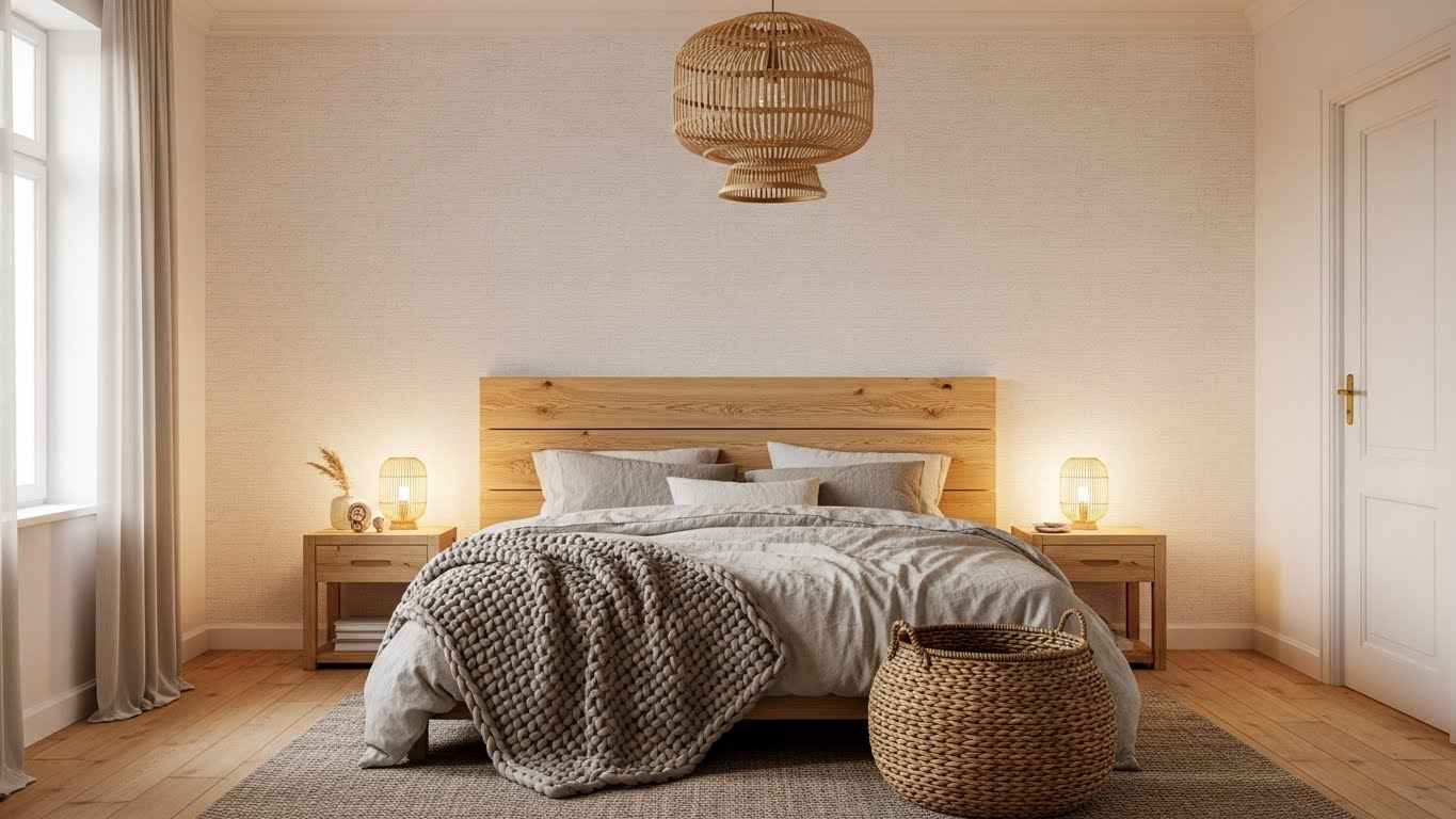 Cozy White Wallpaper with Natural Wood Accents