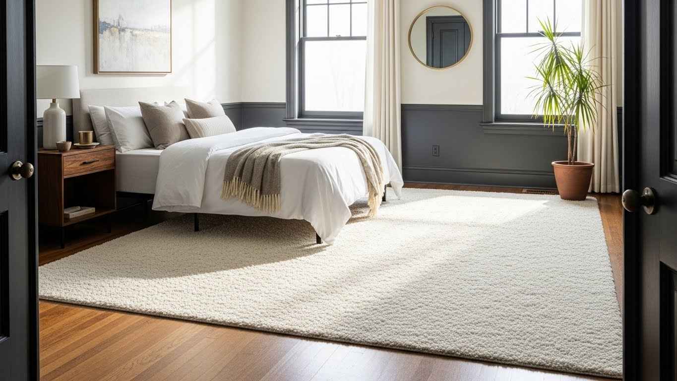 Deep Charcoal Trim with Plush Cream Rugs