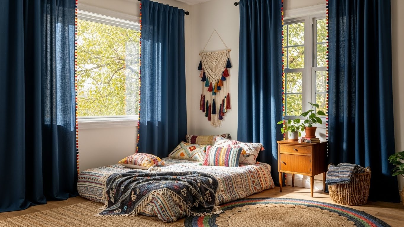 Navy Blue Curtains with Pom-Poms