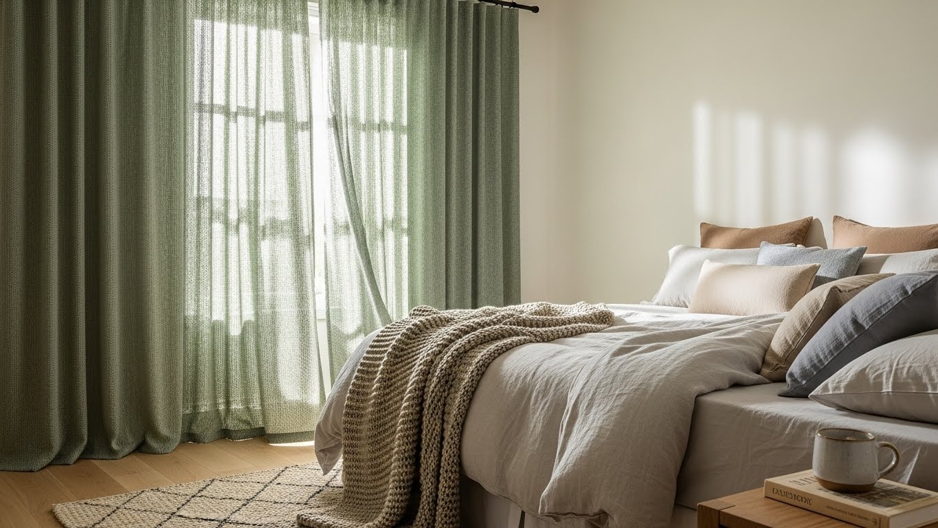 Textured Weave Sage Bedroom Curtains