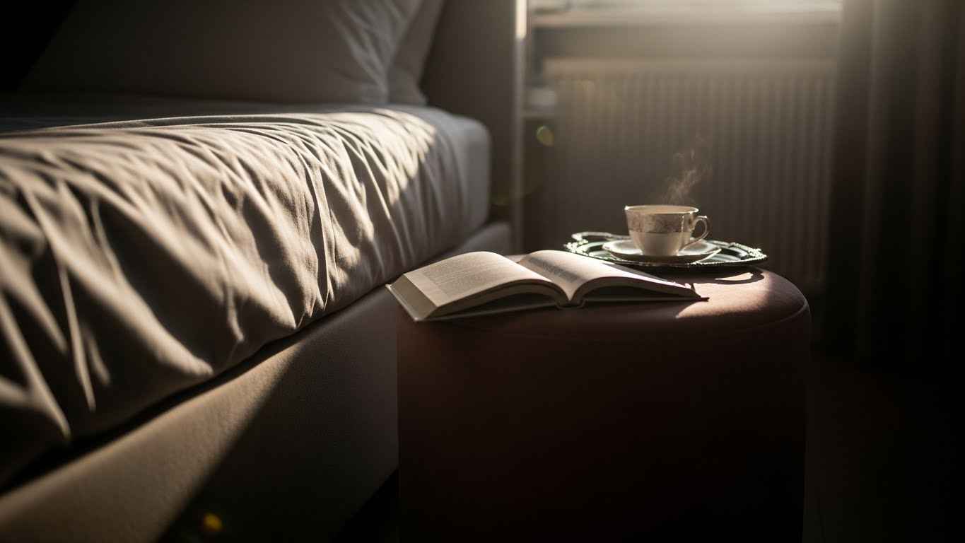 Velvet Bedside Elegance with an Ottoman