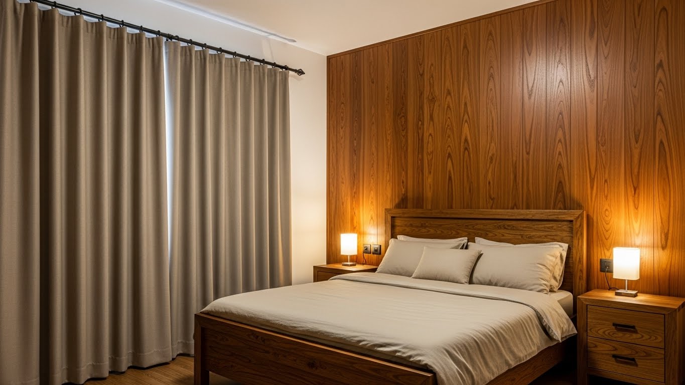 Warm Wood Tones and Dark Drapery