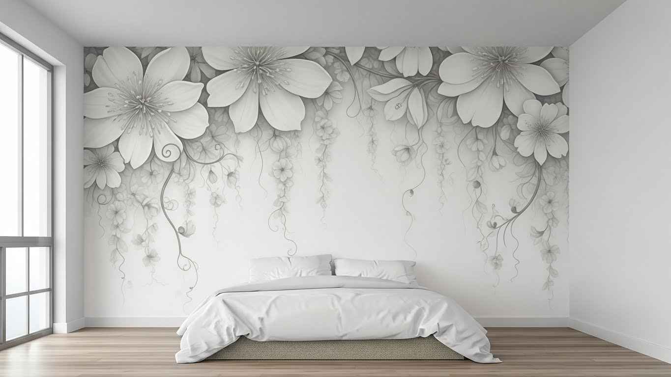 Whimsical White Floral Wall Murals