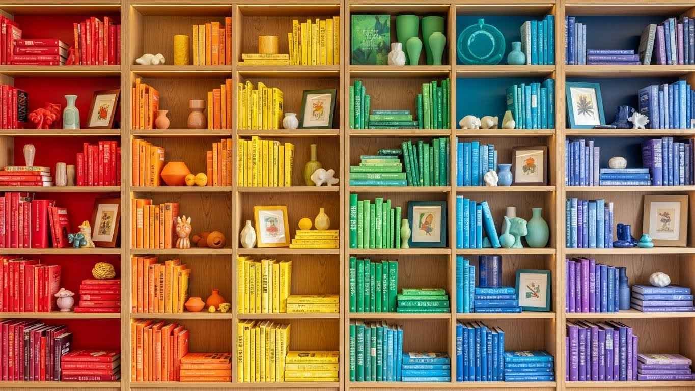 A Bookshelf Styled in Rainbow Order