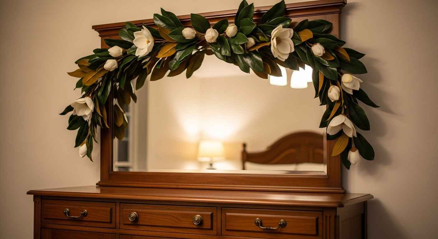 A Faux Magnolia Garland for the Mirror