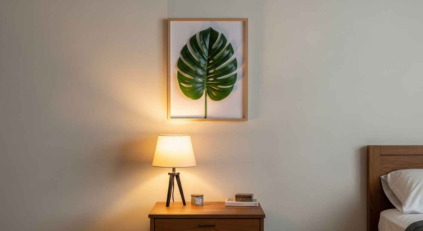 A Faux Monstera Leaf Above the Nightstand