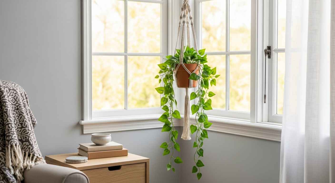 Faux Greenery in a Hanging Macramé Planter
