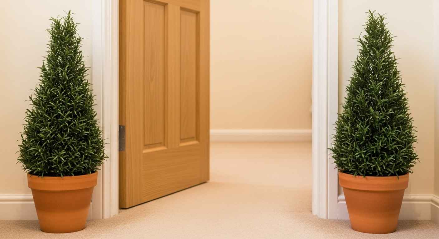 Faux Rosemary Topiaries by the Door