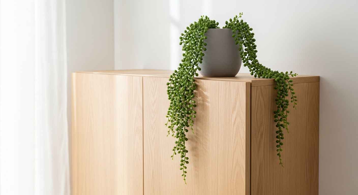 Faux String of Pearls Cascading from a Shelf