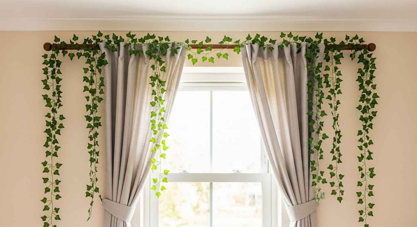 Hanging Faux Ivy from the Curtain Rod