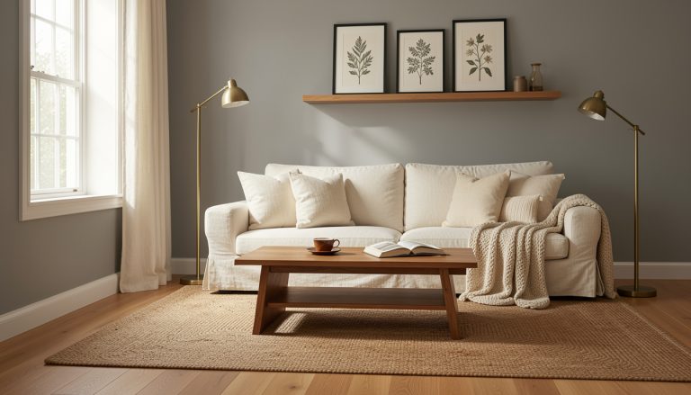 How to Warm Up a Grey Living Room Using Wood and Lighting