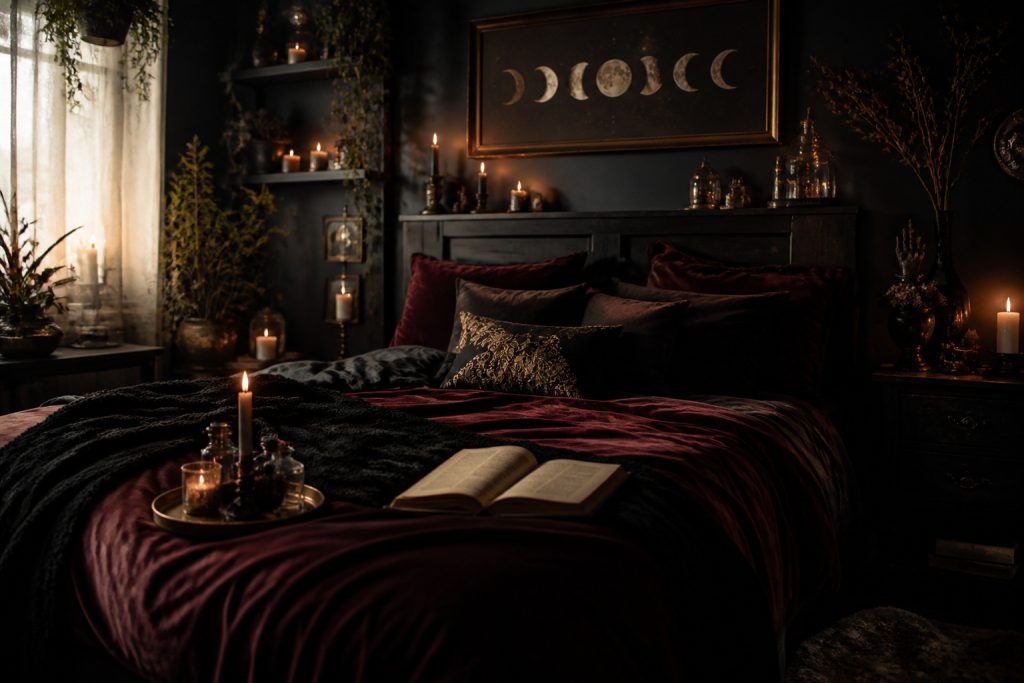 15 Dark Witchcore Bedroom Looks With Candles, Velvet, and Moon Art
